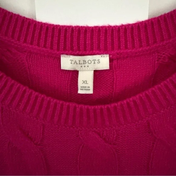 Talbots Women's Sweater Cable Knit Crewneck Hot Pink Cotton Chunky Preppy XL - Picture 4 of 9